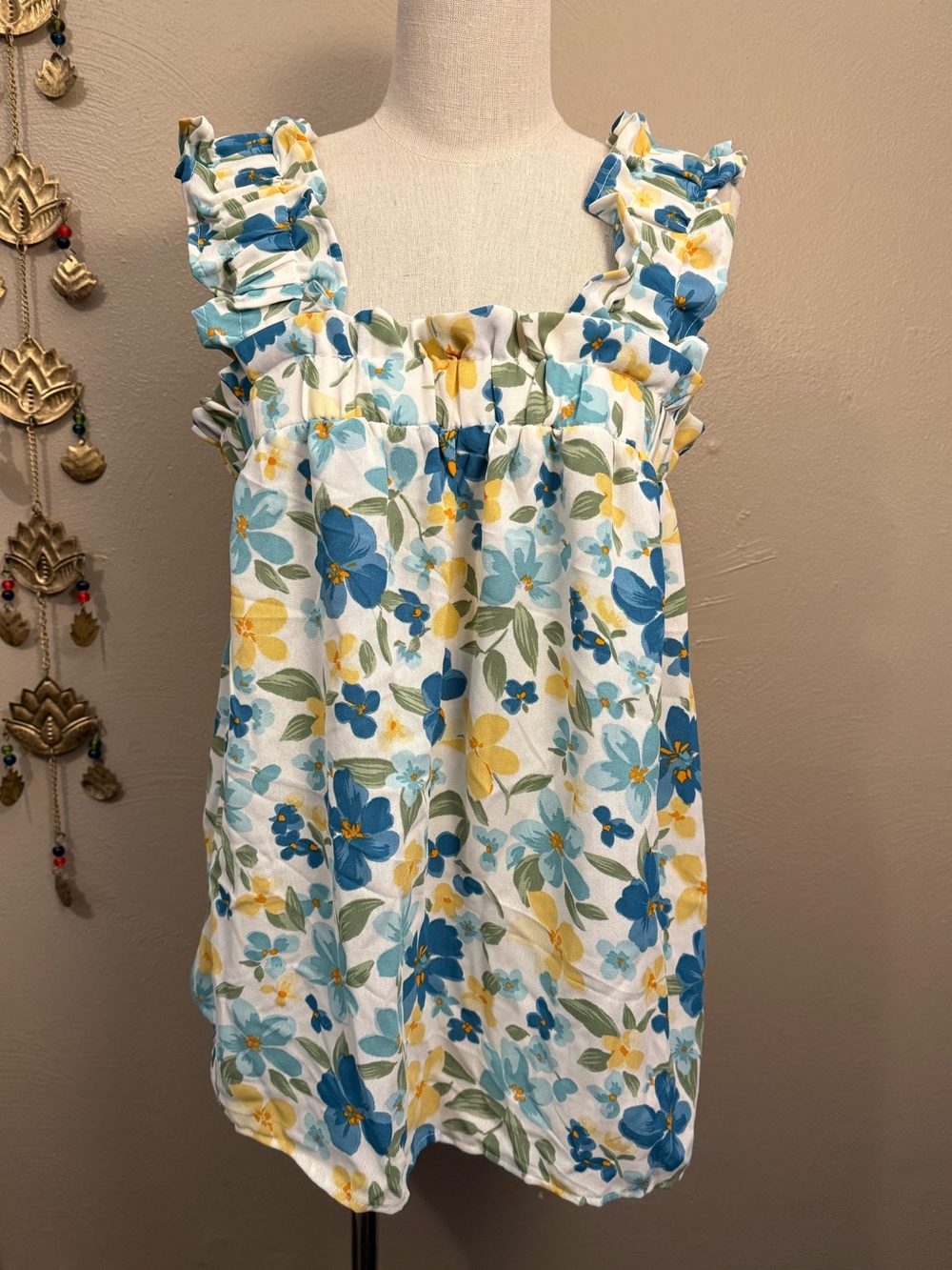 NWT Perch Blu Pepper Blue & Yellow Floral Ruffle Strap Square Neck Tank Top 2XL